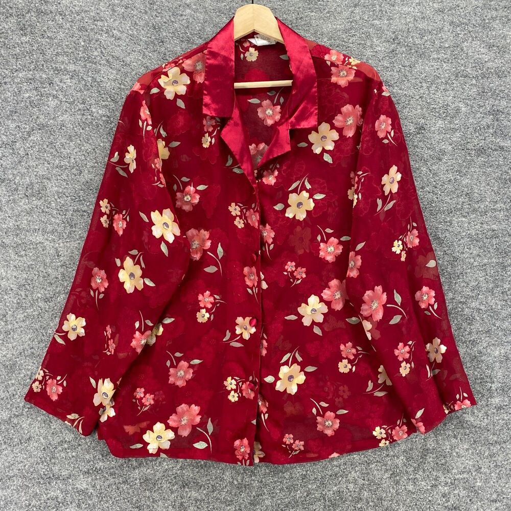 Secret Treasure Sleep Shirt Women L Large Red Floral Button Up Long Sleeve